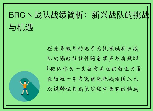 BRG丶战队战绩简析：新兴战队的挑战与机遇